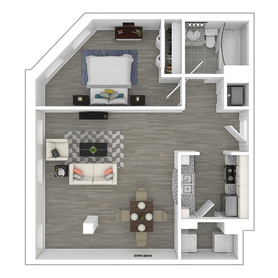 Rendering of the gh-13B floor plan with 1 bedroom[s] and 1 bathroom[s] at Gayoso House