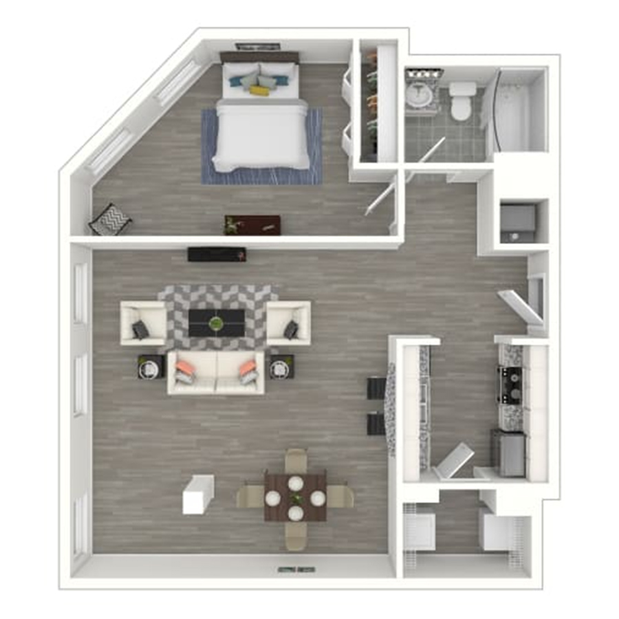 Rendering of the gh-A9B floor plan with 1 bedroom[s] and 1 bathroom[s] at Gayoso House