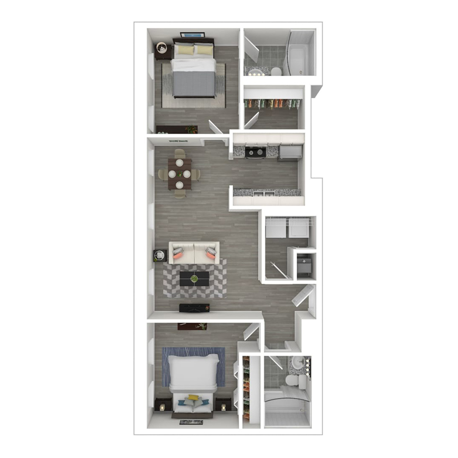 Rendering of the gh-B2B floor plan with 2 bedroom[s] and 2 bathroom[s] at Gayoso House