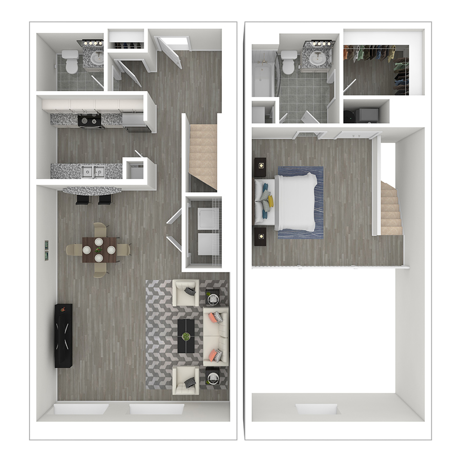 Rendering of the A3 floor plan with 1 bedroom[s] and 1.5 bathroom[s] at Pembroke Square