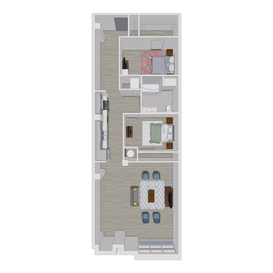 Rendering of the B2.2 floor plan with 2 bedroom[s] and 2 bathroom[s] at Pembroke Square