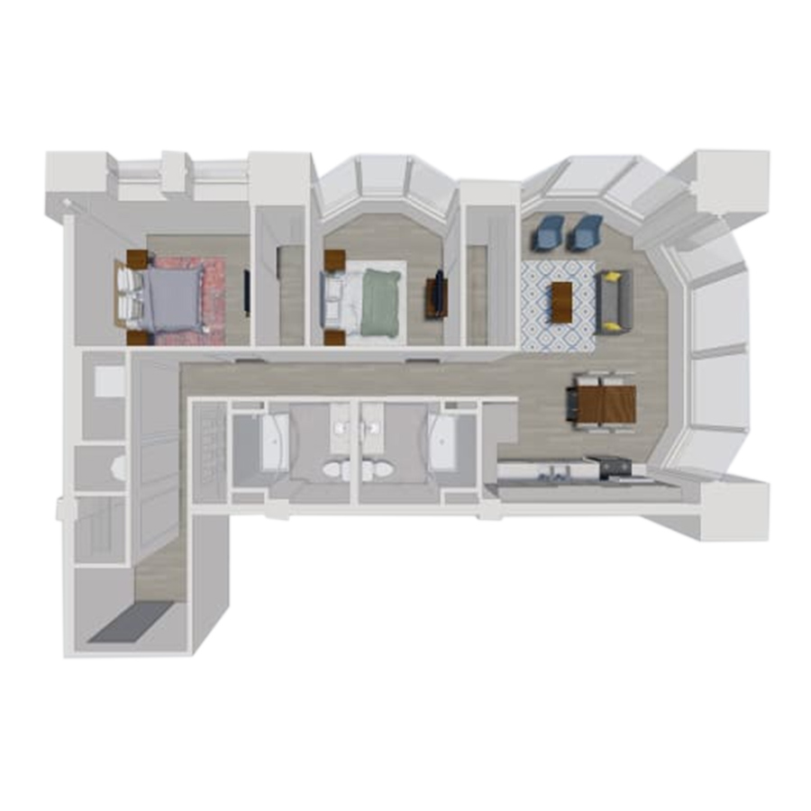 Rendering of the B1.1 floor plan with 2 bedroom[s] and 2 bathroom[s] at Pembroke Square