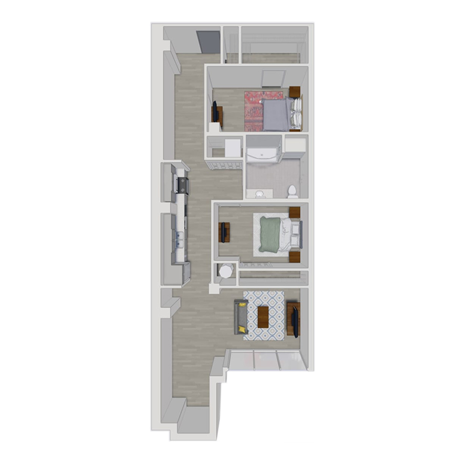 Rendering of the B2.1 floor plan with 2 bedroom[s] and 2 bathroom[s] at Pembroke Square