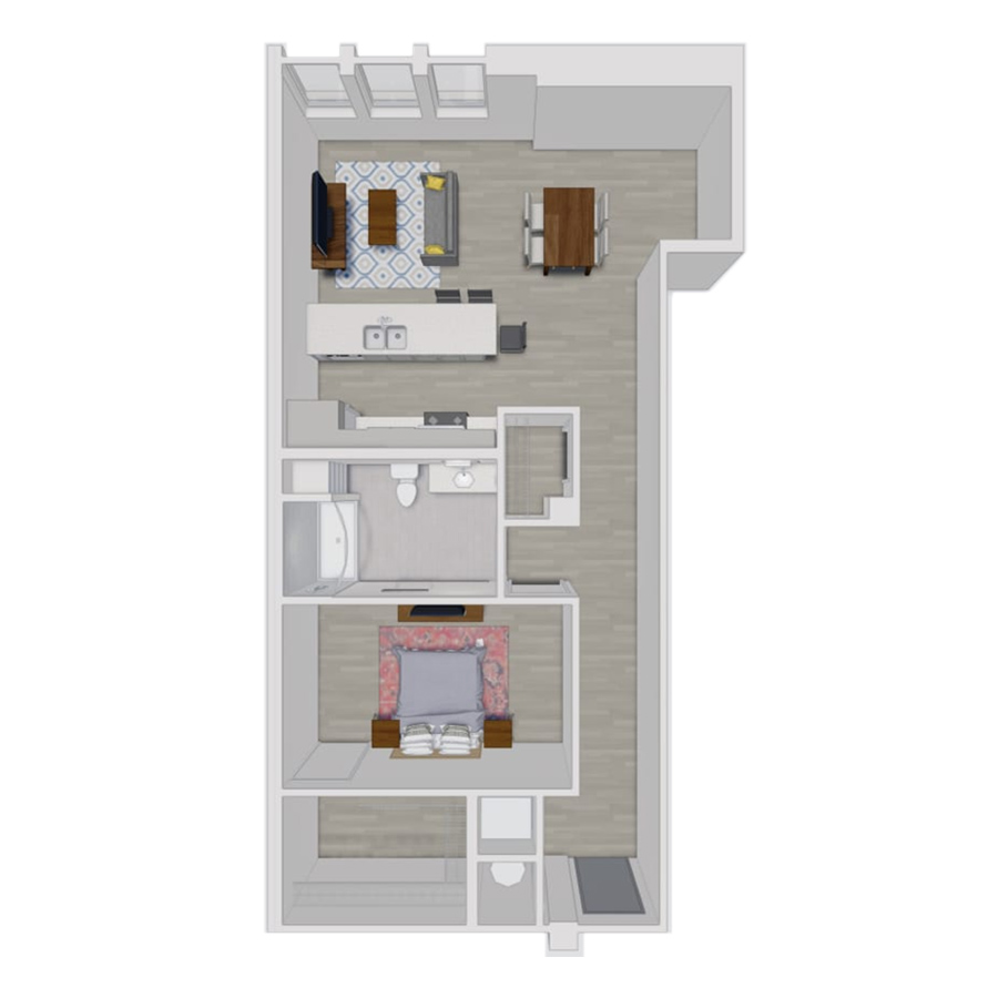 Rendering of the A2.1 floor plan with 1 bedroom[s] and 1 bathroom[s] at Pembroke Square