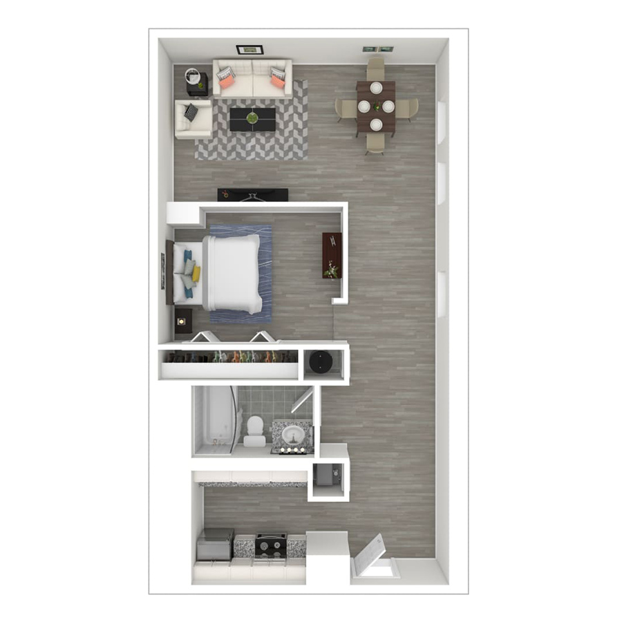 Rendering of the gh-S1C floor plan with a Studio bedroom and 1 bathroom[s] at Gayoso House