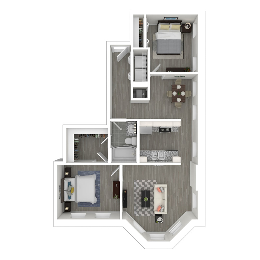 Rendering of the gh-B3 floor plan with 2 bedroom[s] and 1 bathroom[s] at Gayoso House