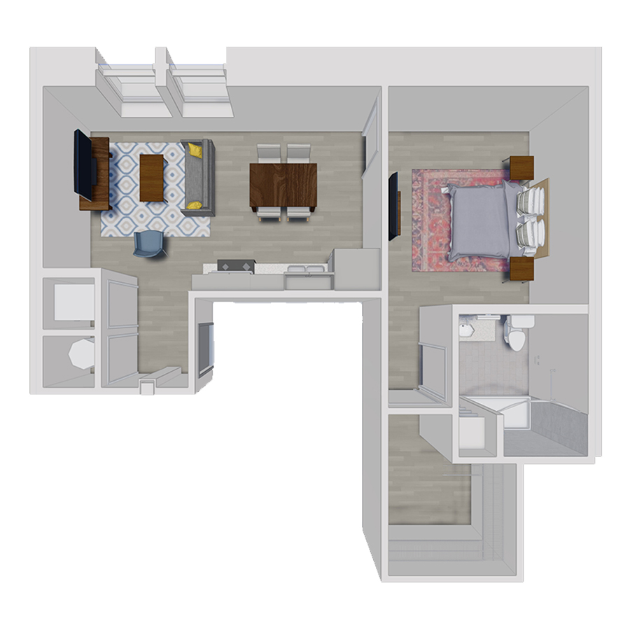 Rendering of the A2-2 floor plan with 1 bedroom[s] and 1 bathroom[s] at 50 Peabody Place
