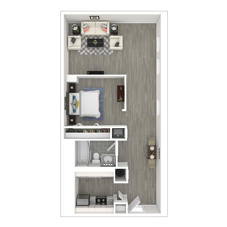 Rendering of the gh-S1A floor plan with a Studio bedroom and 1 bathroom[s] at Gayoso House