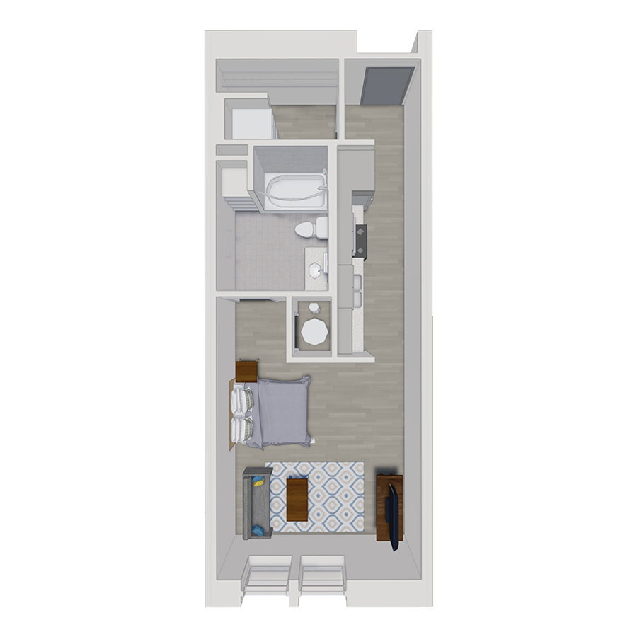 Rendering of the S1 floor plan with a Studio bedroom and 1 bathroom[s] at 50 Peabody Place