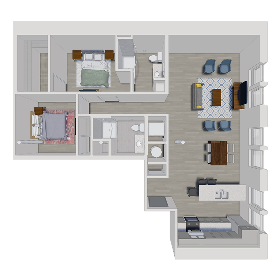 Rendering of the B1 floor plan with 2 bedroom[s] and 2 bathroom[s] at 50 Peabody Place