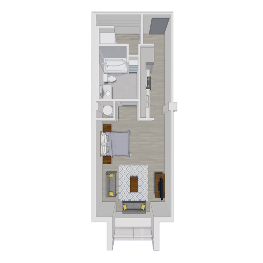 Rendering of the S1.1 floor plan with a Studio bedroom and 1 bathroom[s] at Pembroke Square