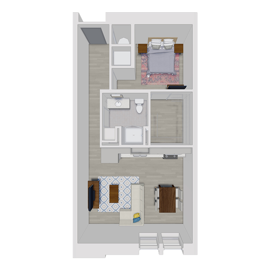 Rendering of the A3 floor plan with 1 bedroom[s] and 1 bathroom[s] at 50 Peabody Place