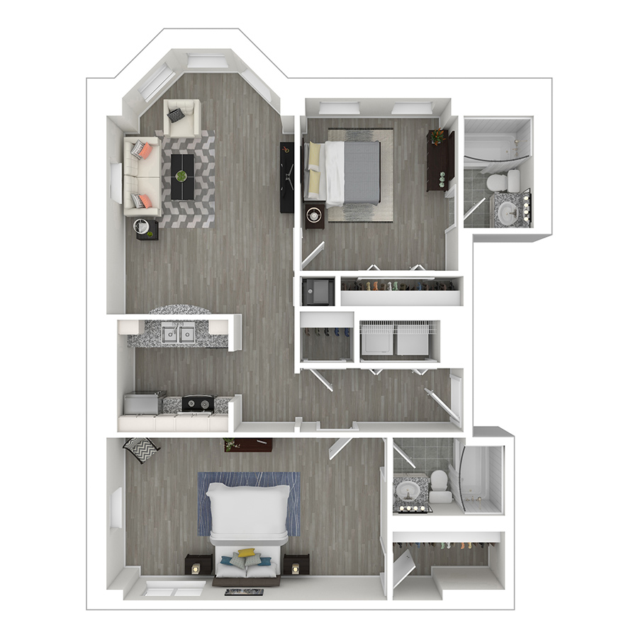 Rendering of the gh-B5 floor plan with 2 bedroom[s] and 2 bathroom[s] at Gayoso House
