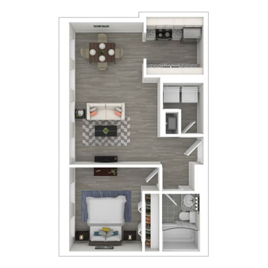 Rendering of the gh-A3E floor plan with 1 bedroom[s] and 1 bathroom[s] at Gayoso House