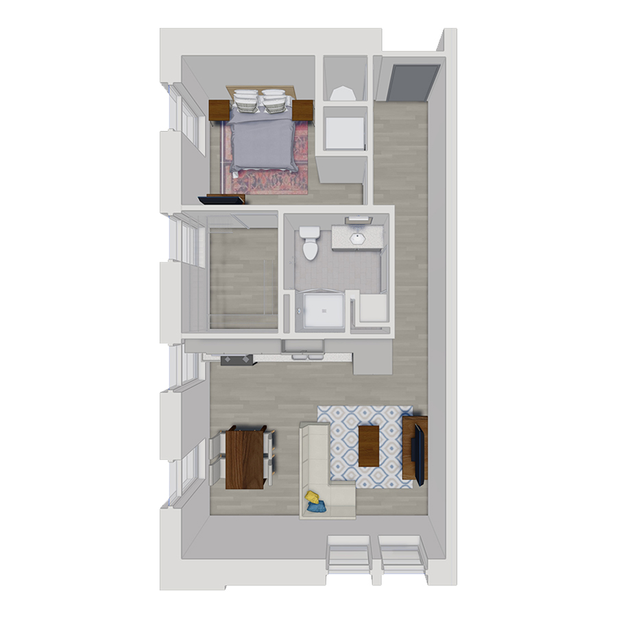 Rendering of the A4 floor plan with 1 bedroom[s] and 1 bathroom[s] at 50 Peabody Place