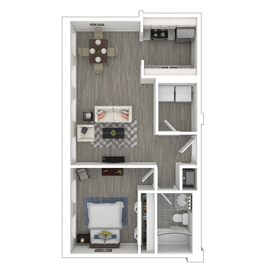 Rendering of the gh-A3D floor plan with 1 bedroom[s] and 1 bathroom[s] at Gayoso House