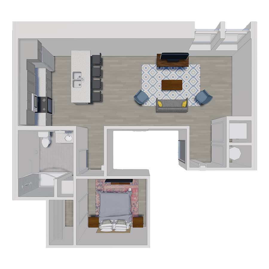 Rendering of the A2-1 floor plan with 1 bedroom[s] and 1 bathroom[s] at 50 Peabody Place