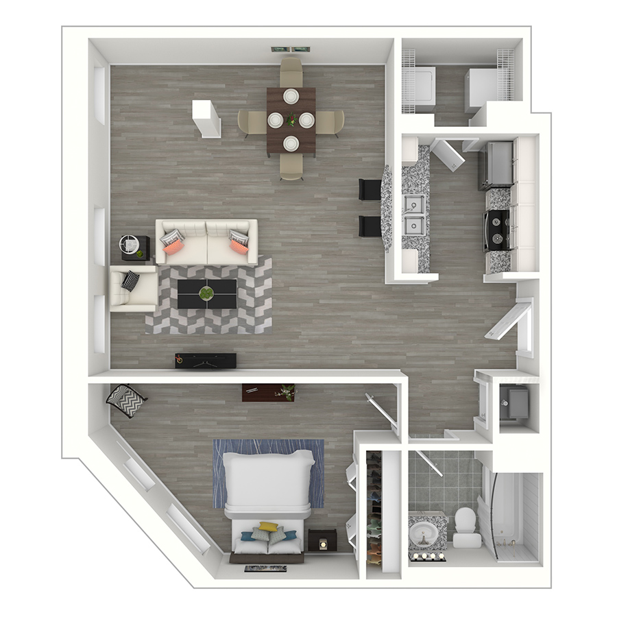 Rendering of the gh-A13A floor plan with 1 bedroom[s] and 1 bathroom[s] at Gayoso House
