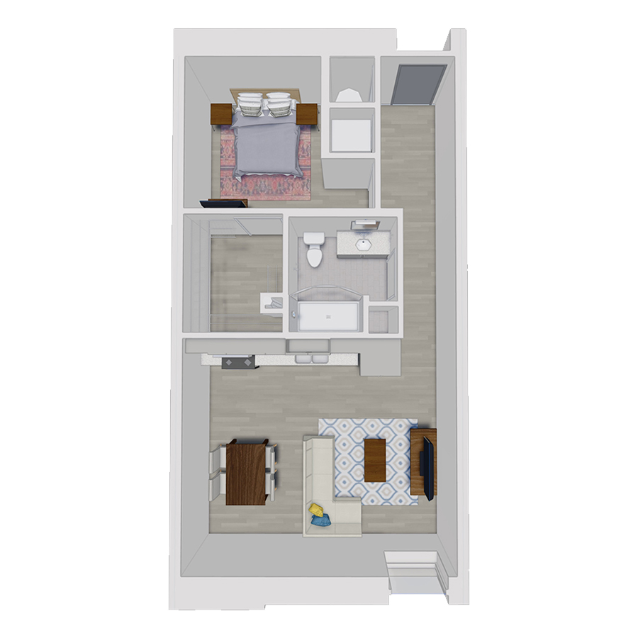 Rendering of the A1 floor plan with 1 bedroom[s] and 1 bathroom[s] at 50 Peabody Place
