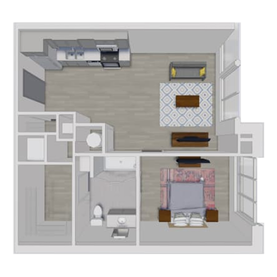 Rendering of the A8.2 floor plan with 1 bedroom[s] and 1 bathroom[s] at Pembroke Square