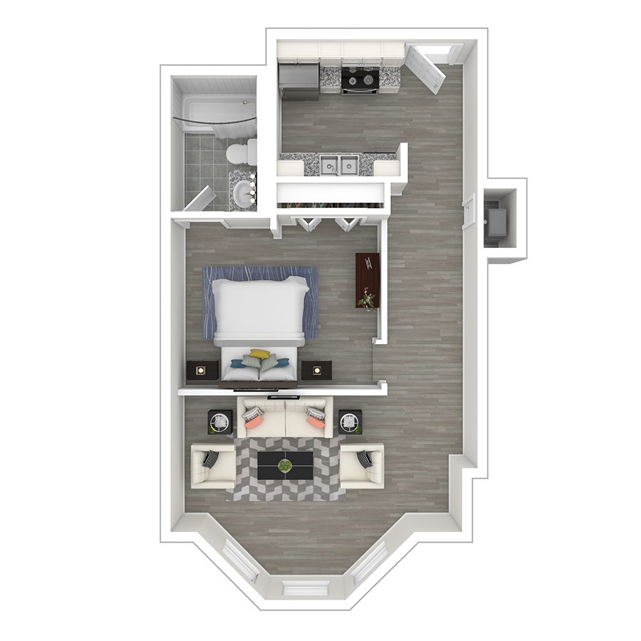 Rendering of the gh-S1B floor plan with a Studio bedroom and 1 bathroom[s] at Gayoso House