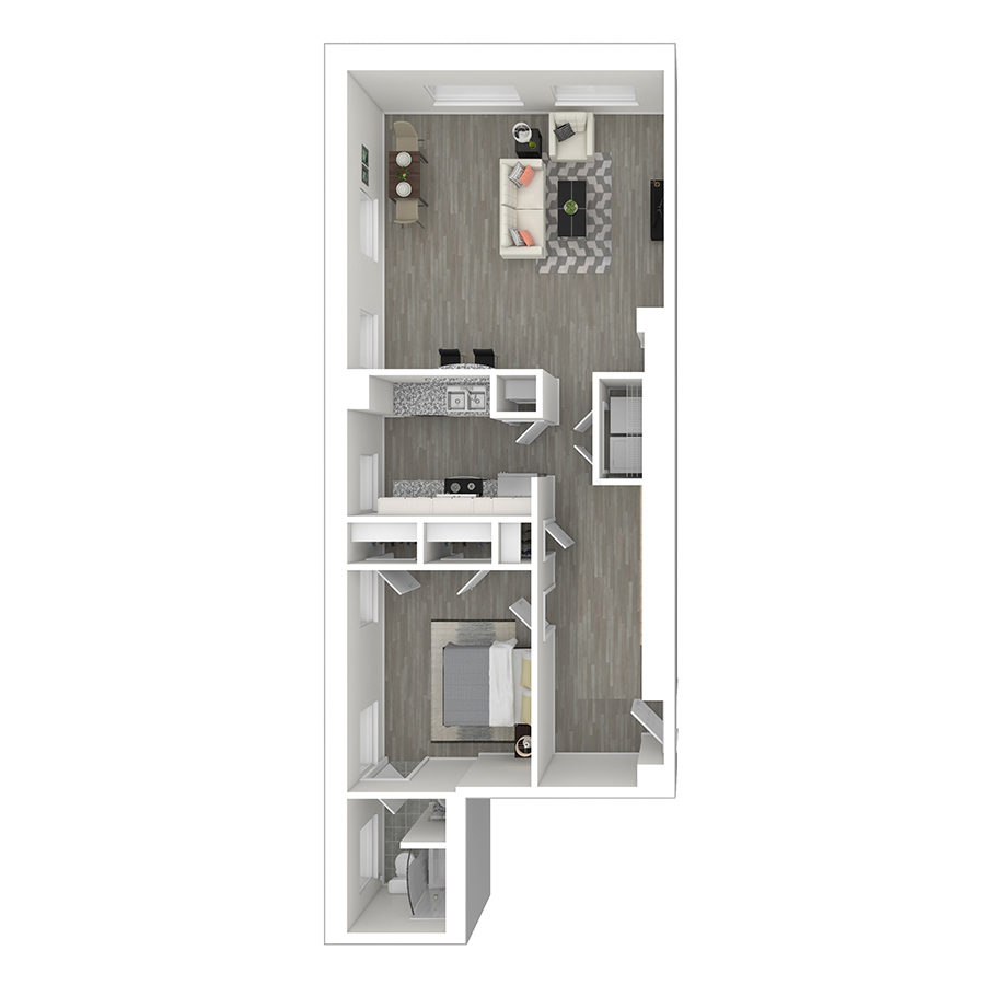 Rendering of the A1 floor plan with 1 bedroom[s] and 1 bathroom[s] at Pembroke Square