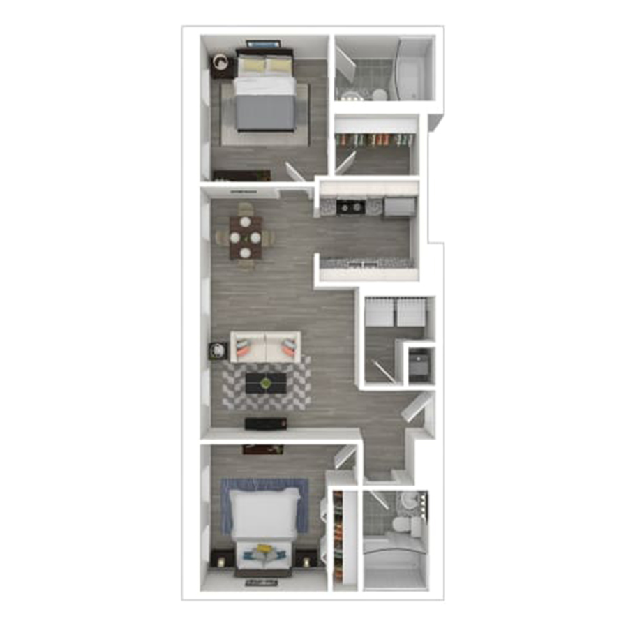 Rendering of the gh-B2A floor plan with 2 bedroom[s] and 2 bathroom[s] at Gayoso House