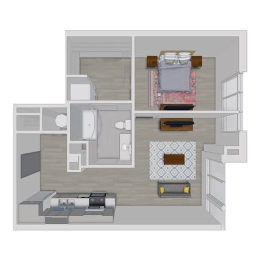 Rendering of the A8.1 floor plan with 1 bedroom[s] and 1 bathroom[s] at Pembroke Square
